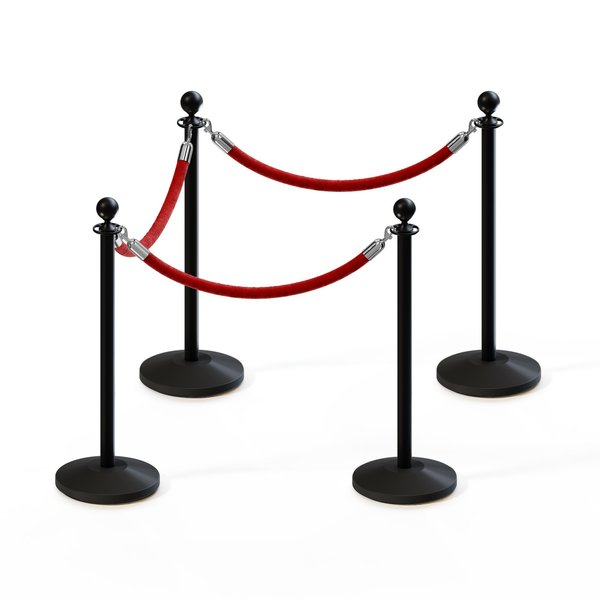 Montour Line Stanchion Post and Rope Kit Black, 4 Ball Top3 Red Rope C-Kit-4-BK-BA-3-ER-RD-PS